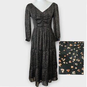 Japna Size Small Black Metallic Print Bohemian Peasant Tiered Midi Sheer Dress